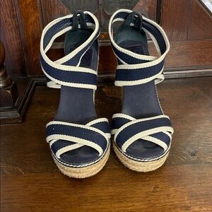 Tory Burch Contrast Elastic Espadrille Navy Cream Women's Size 6